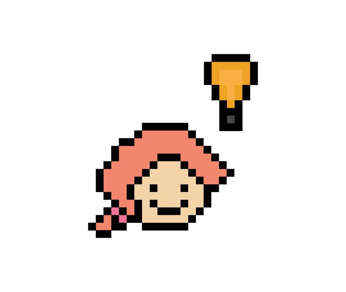 Cartoon cute pixel art smile lady woman face or female girl with idea light bulb idea spark think. vector