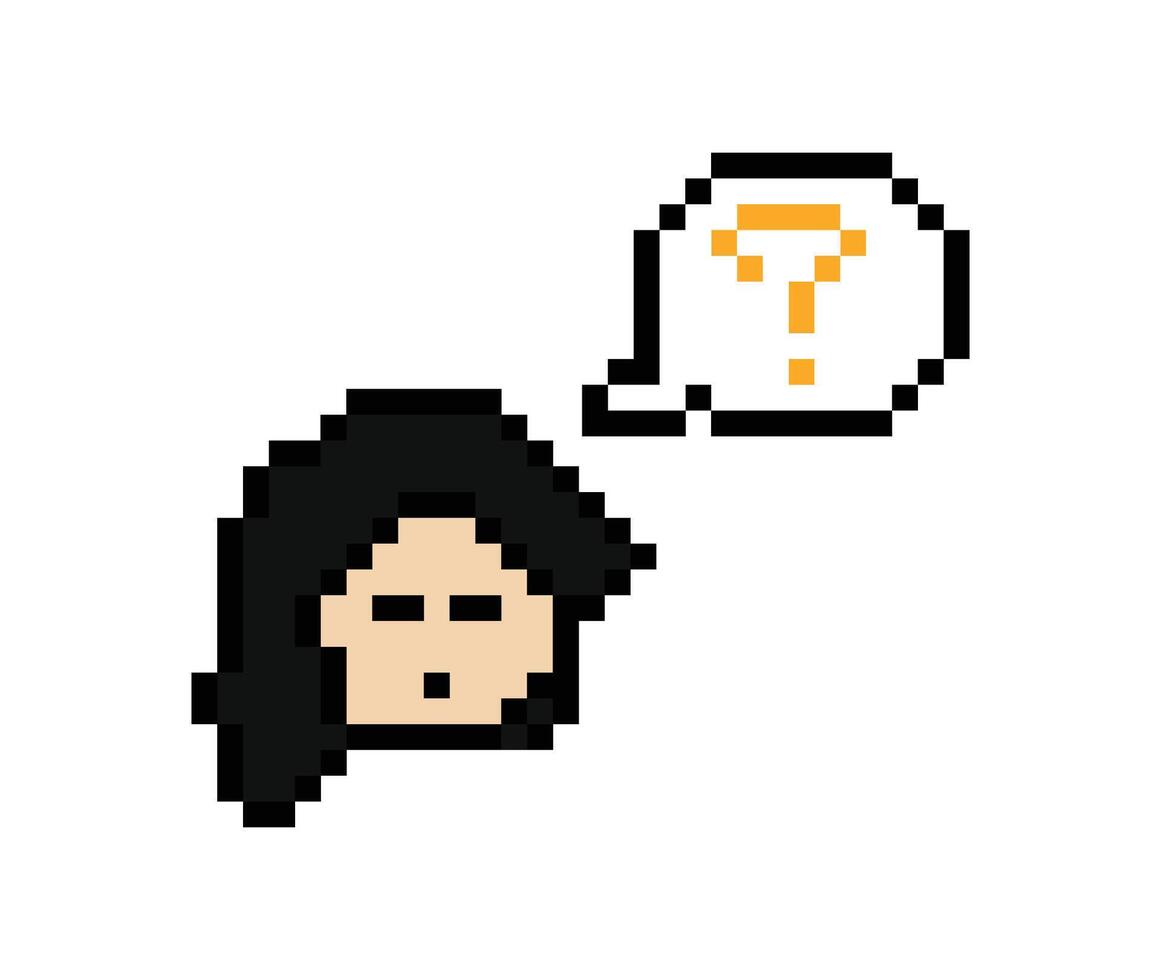 Cartoon 8 bit design about lady female woman girl with question mark confuse wonder don't know question pixel. vector
