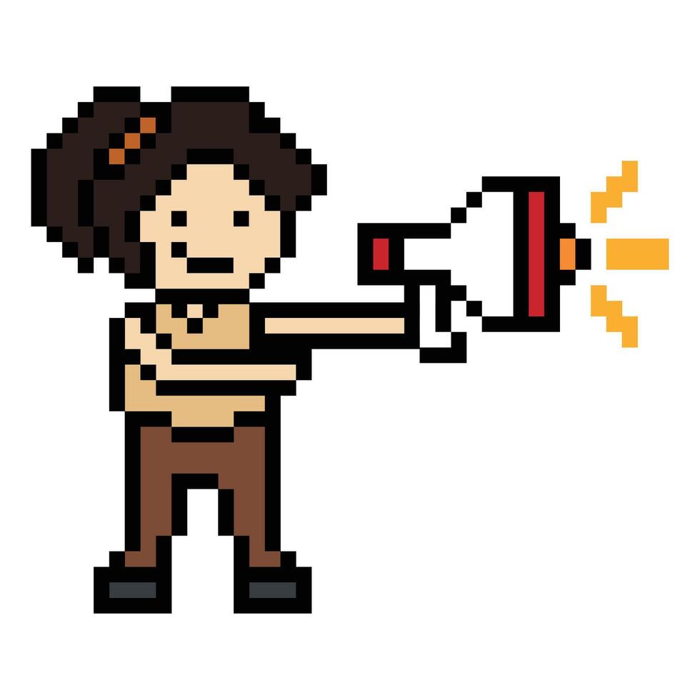 Megaphone and woman female girl or lady happy shout announce declare pixel art 8 bit design cartoon. vector