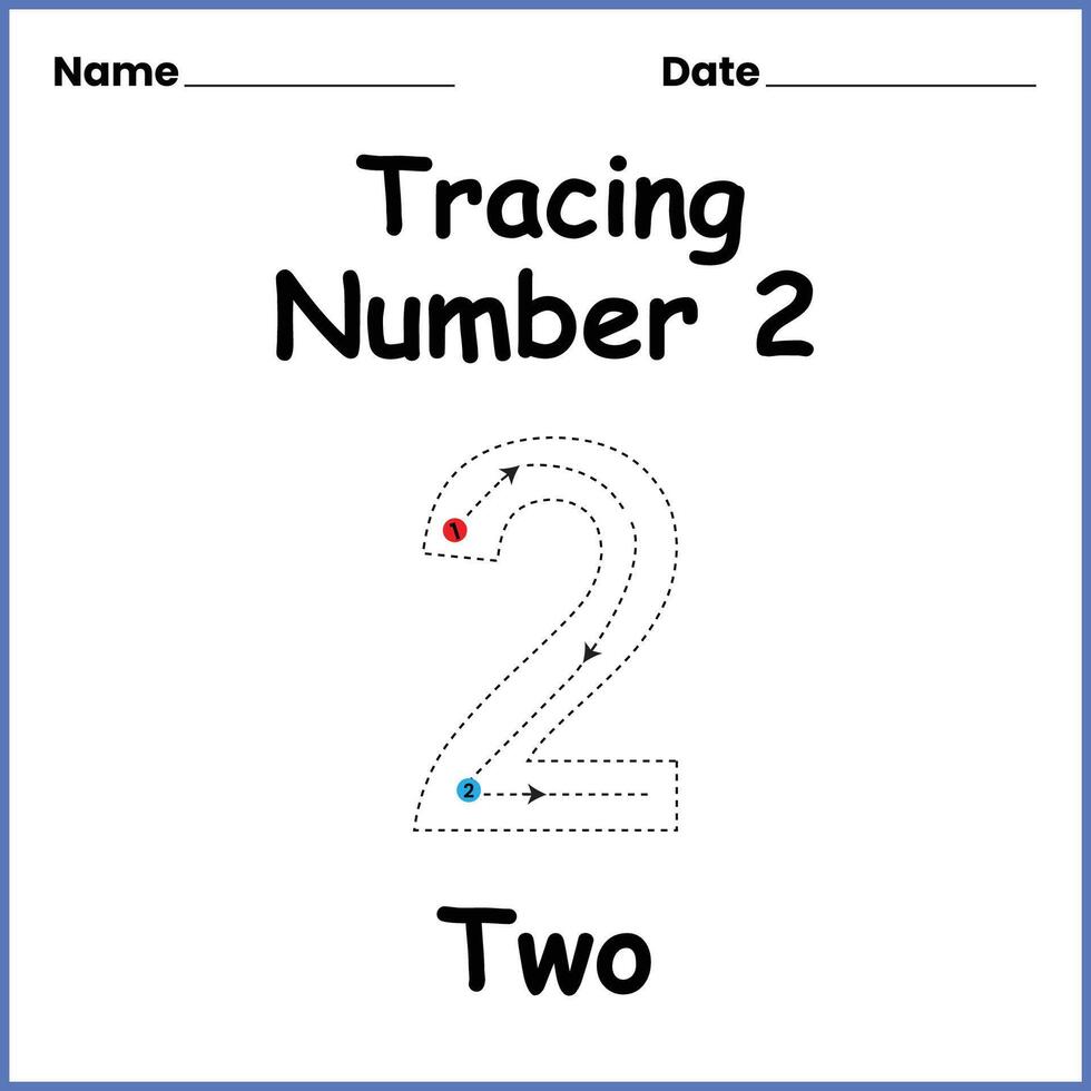 Number Two trace practice worksheet for kids vector