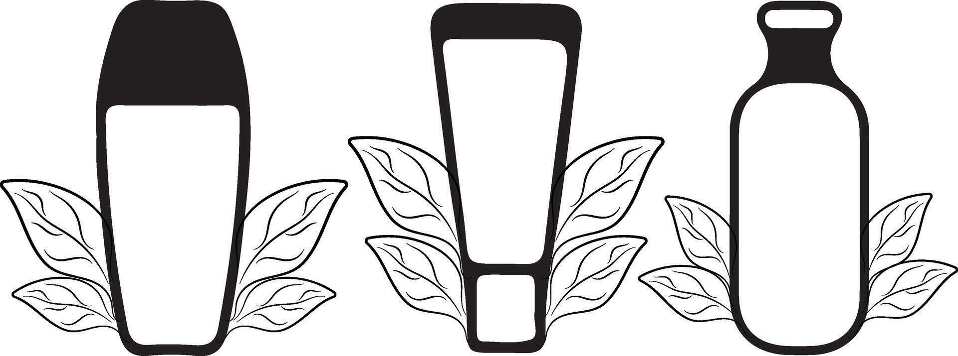 set of simple icons of rectangular jars and tubes for various cosmetics and leaves indicating the naturalness of the product vector