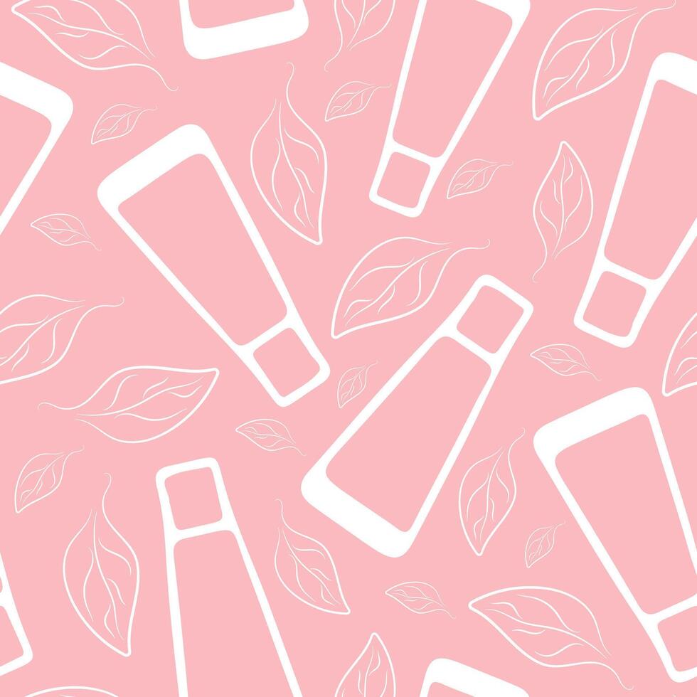seamless pattern with a longer cosmetic tube and leaves indicating the naturalness of the product on a pink background vector