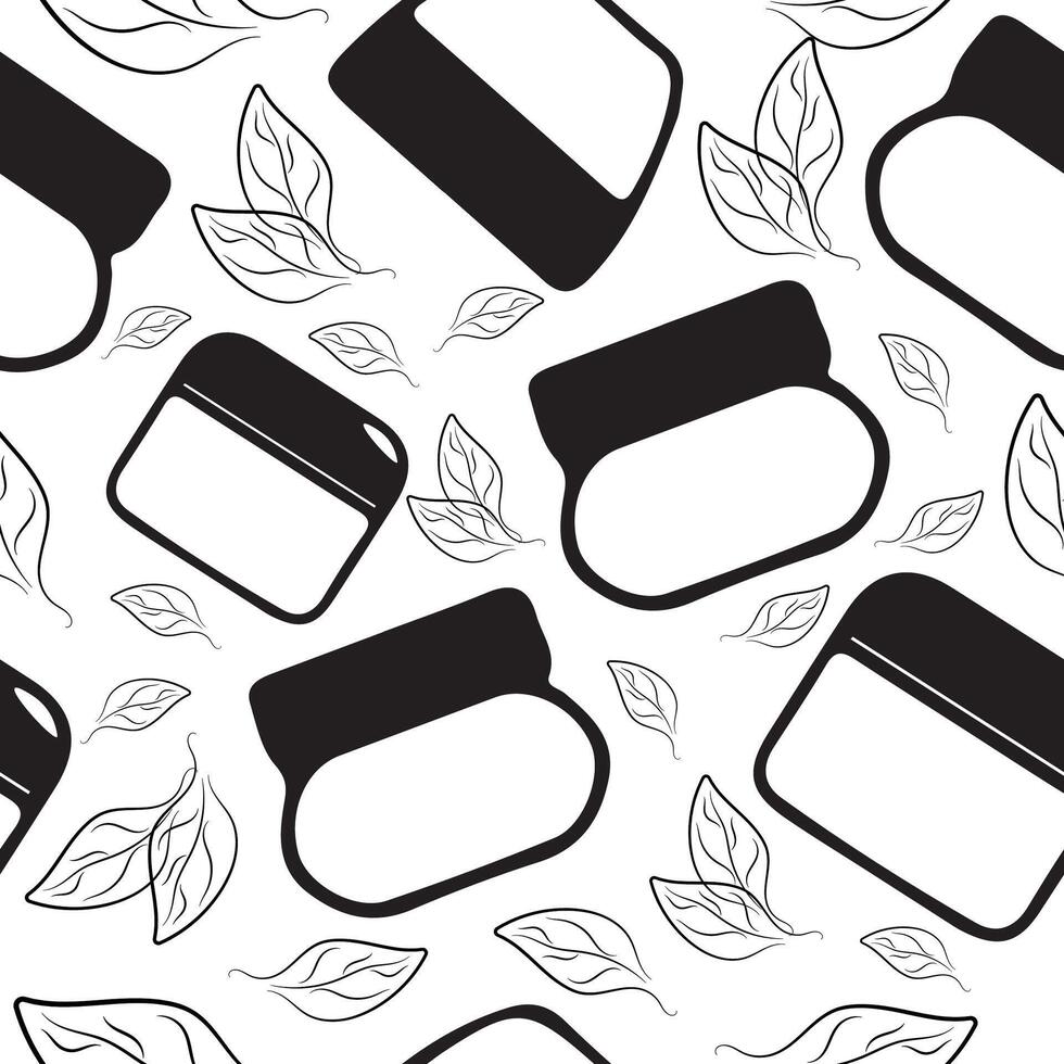 seamless pattern with round cosmetic jars for cream and leaves indicating the naturalness of the product vector