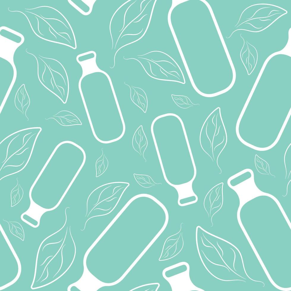 seamless pattern with simple black and white icons of semicircular cosmetic bottle and leaves on blue background vector