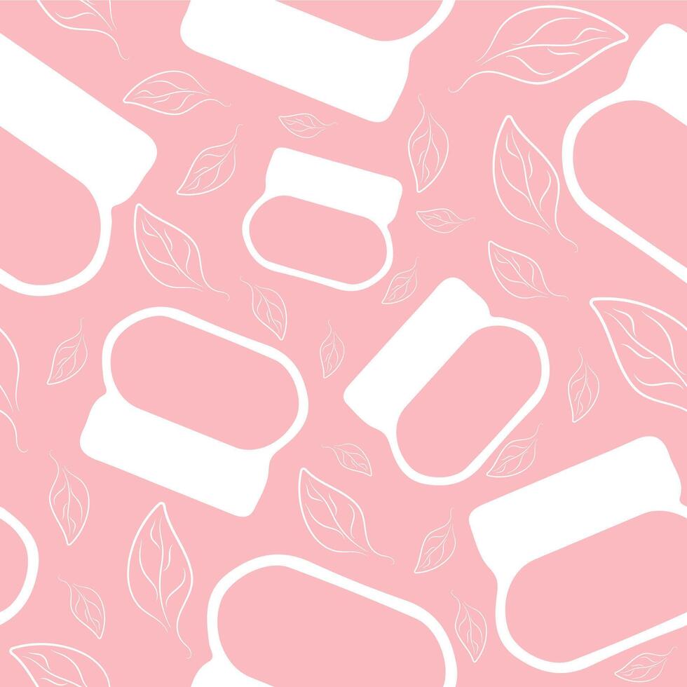 seamless pattern with simple icons of round cosmetic jar for cream and leaves on pink background vector