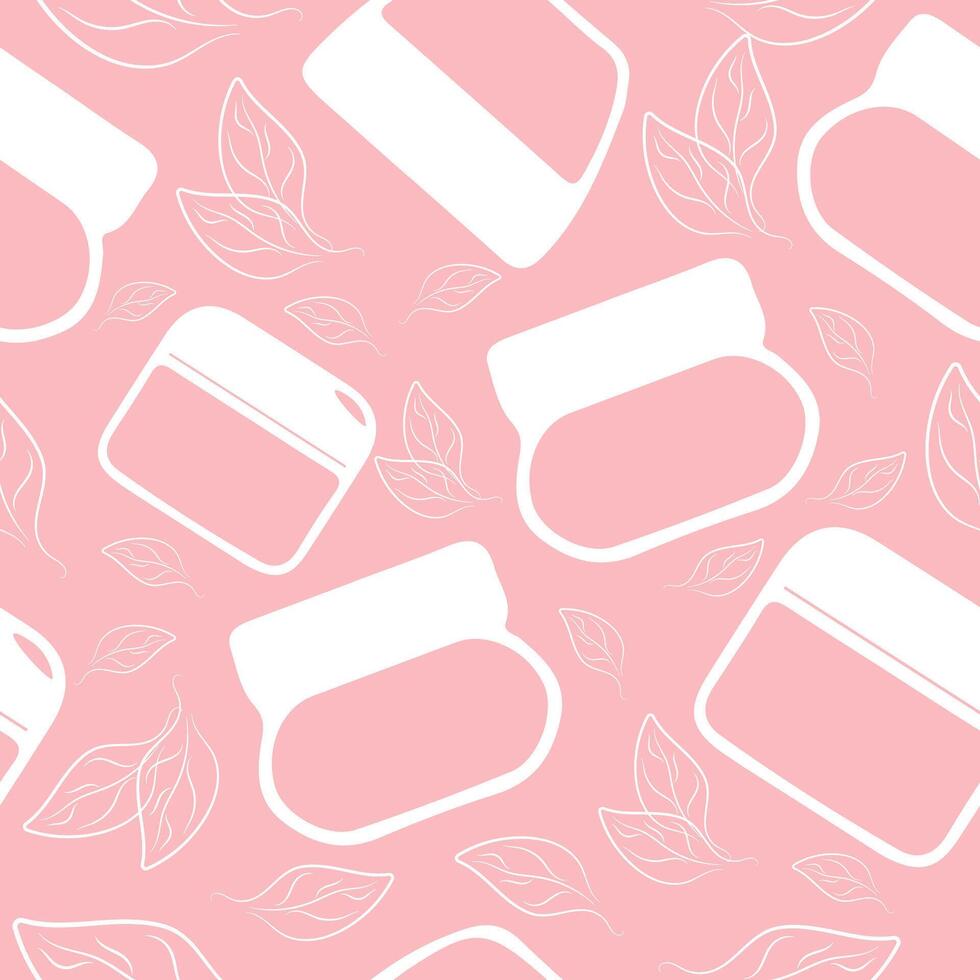 seamless pattern with round cosmetic jars for cream and leaves on a pink background and arranged randomly vector