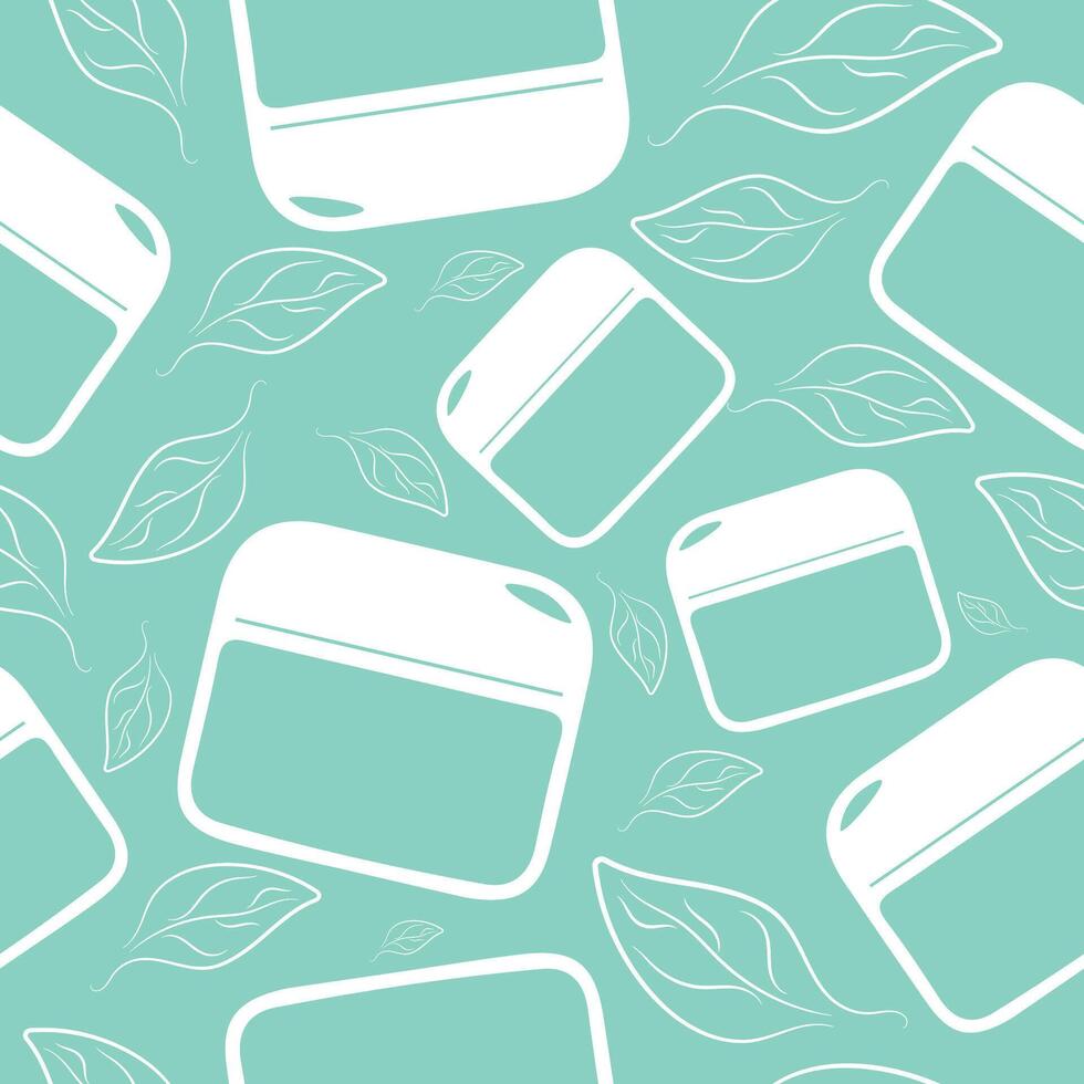seamless pattern with small rectangular cream jars and leaves on a blue background, for various patterns and designs vector
