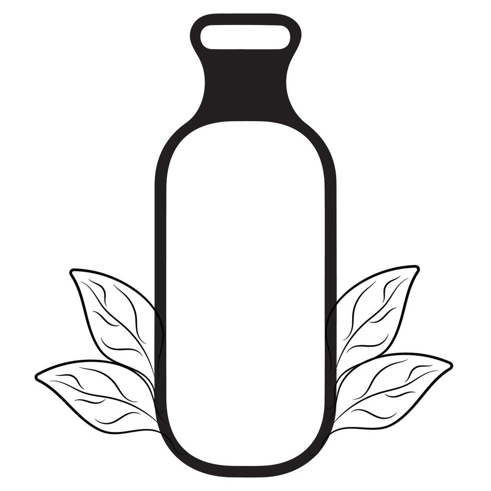 simple black and white icon of semicircular cosmetic bottle with leaves on two sides indicating natural ingredients vector