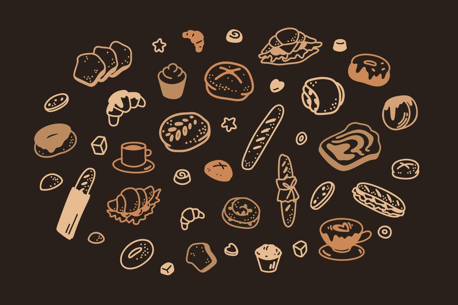 Bakery chalkboard. Pastry, bread, sandwich in doodle stile. Cute line food elements. Minimalist icons for restaurant, cafe, patisserie, bakery, confectionary, coffeeshop menu vector