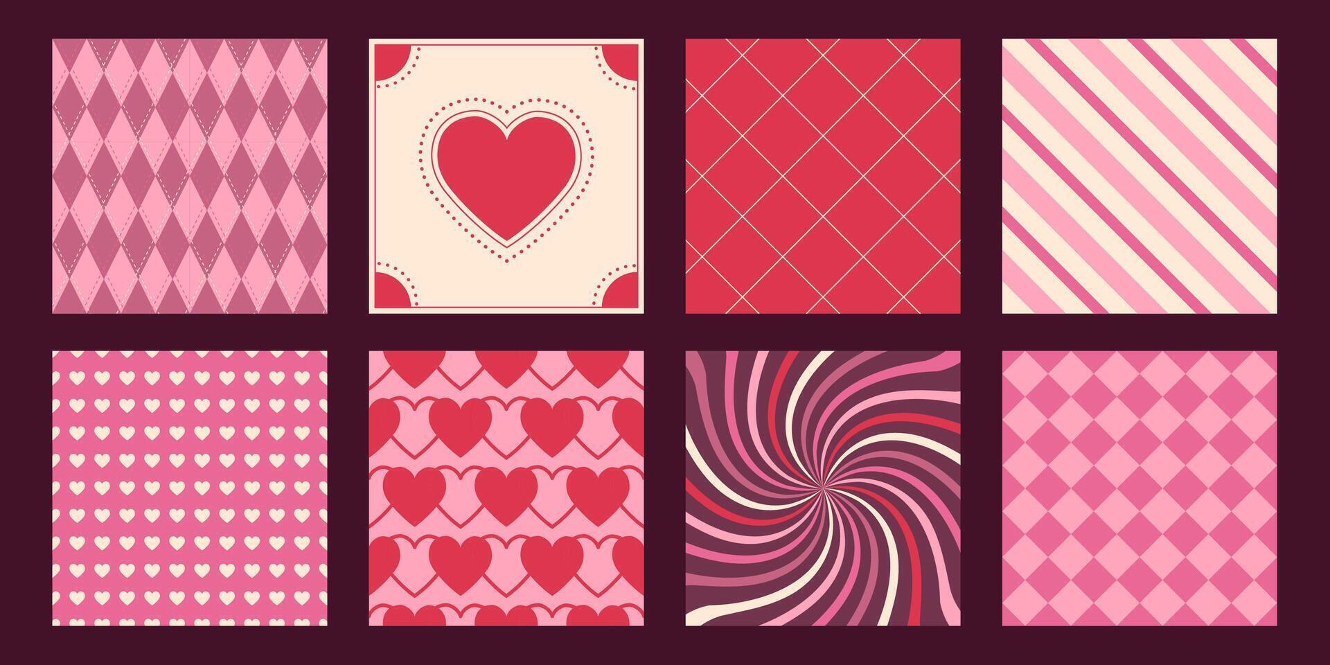 Love patterns, Valentine Day celebration cards and square backgrounds, set of graphic design backdrops. illustration. vector