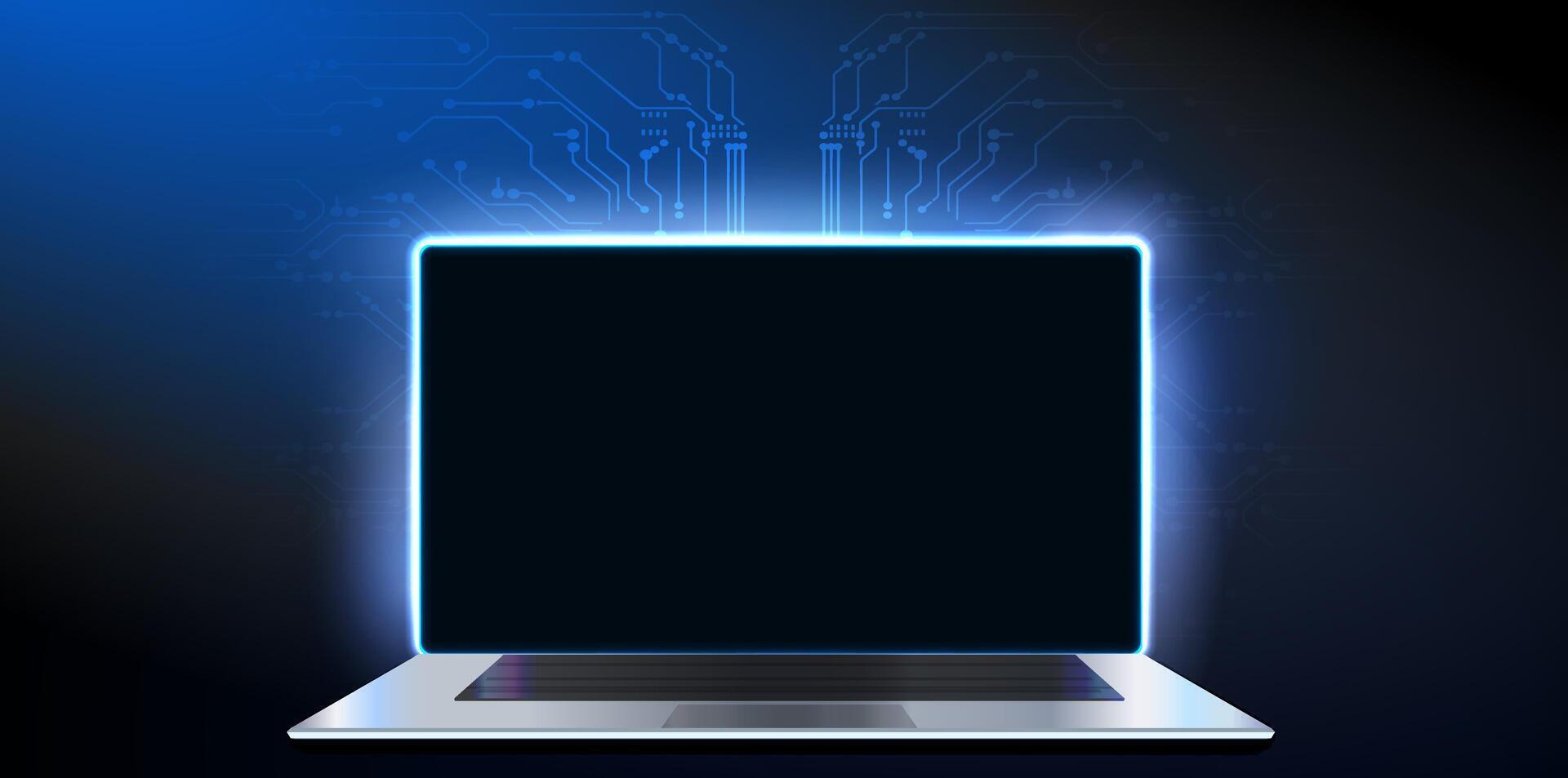 Modern laptop with illuminating edges against dark background showcasing advanced technology concepts vector