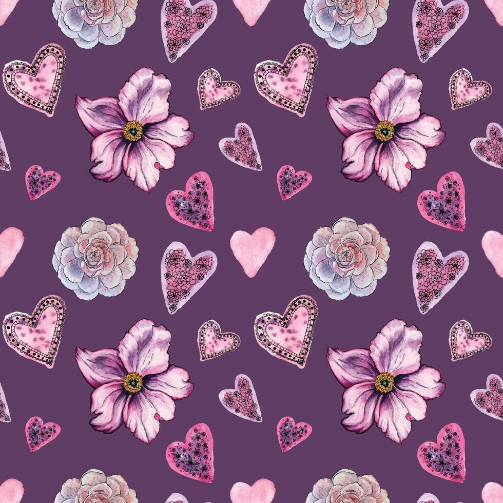purple seamless pattern with watercolor peonies roses and hearts. Valentine's Day background vector