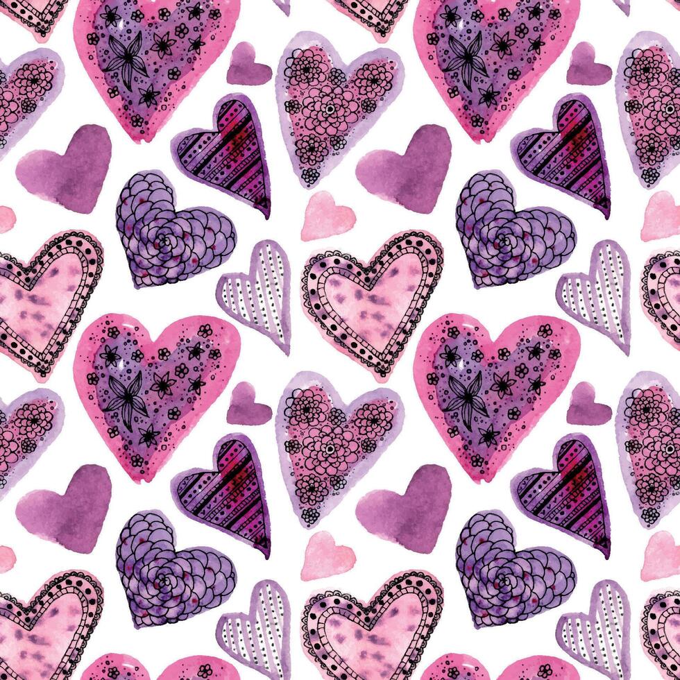 Seamless pattern with pink hand-drawn watercolor hearts on a white background. Valentine's day violet texture for design of wrapping paper, postcards, fabric and other souvenir products vector