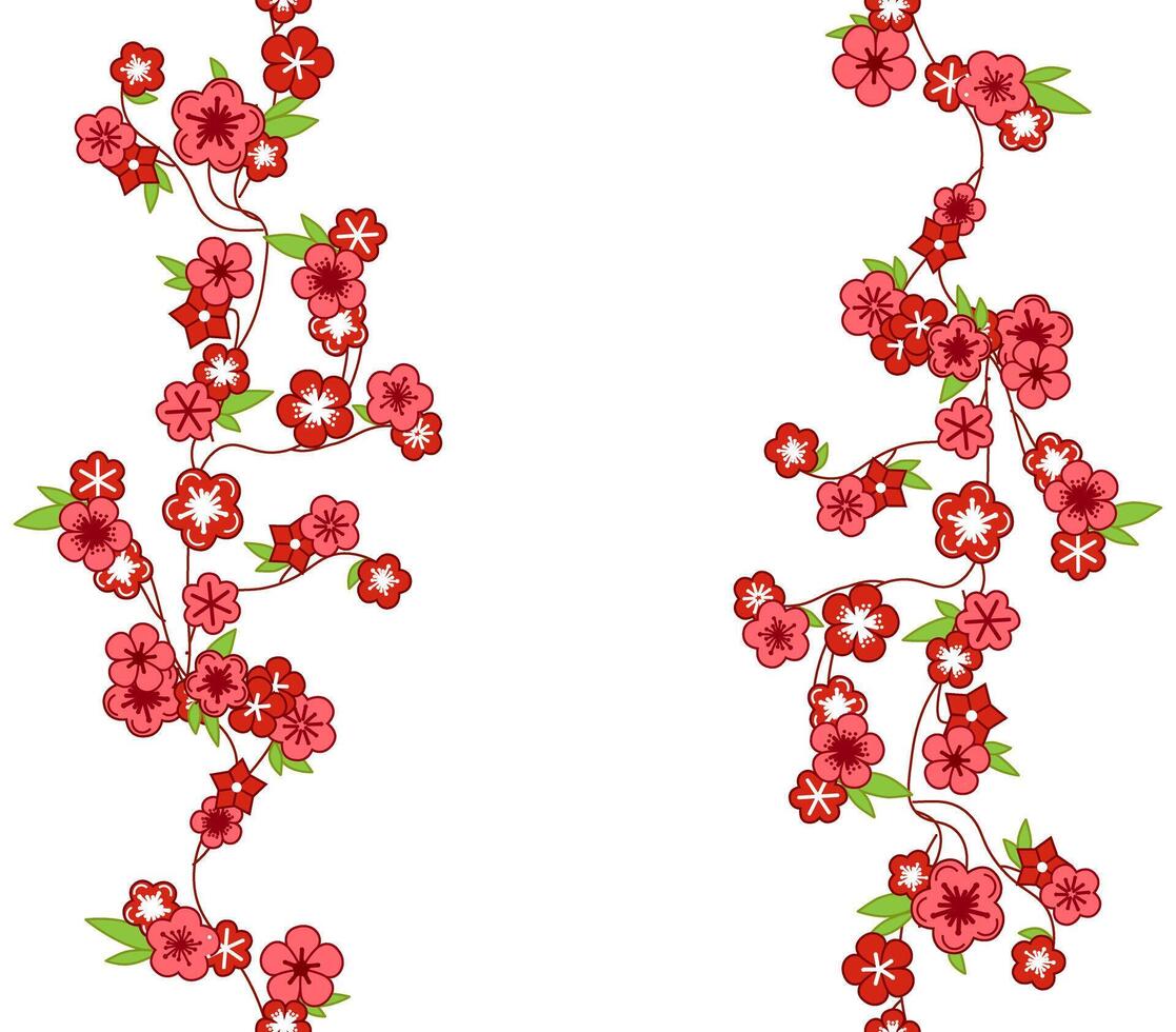 Pink blossoming cherry sakura branches seamless pattern vertical border. graphic illustration vector