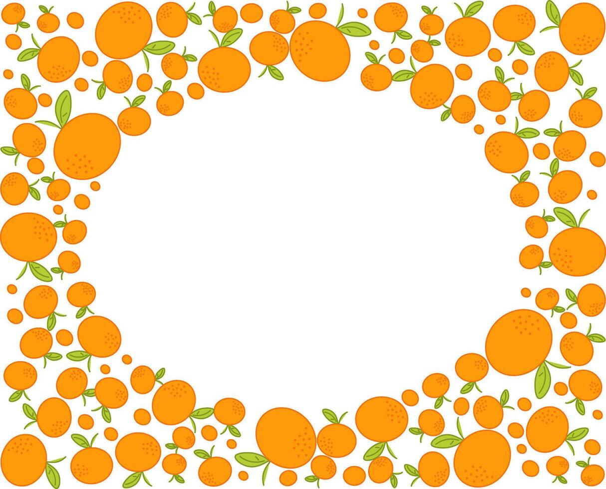 Christmas wreath design with mandarins. Oval holiday decoration in rectangle, ornament frame, template, Xmas round decor with tangerine fruits. Graphic illustration isolated on transparent background vector