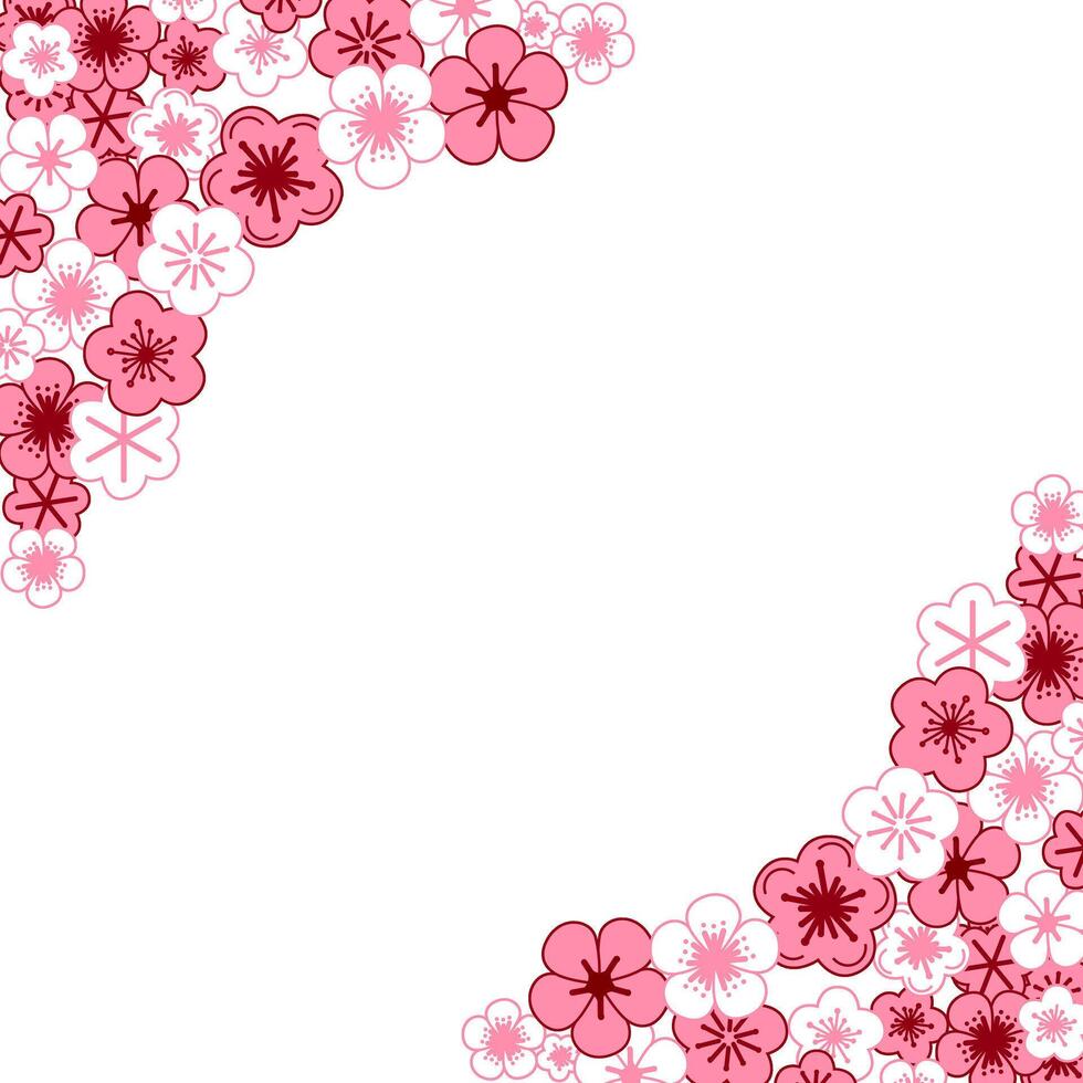 Background of cherry blossoms in full bloom and petals. graphic illustration square frame. vector