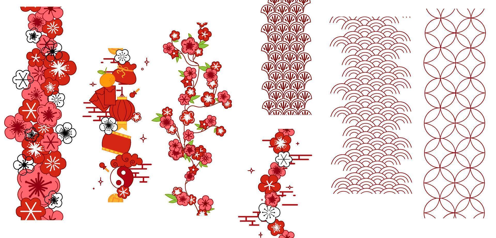 Set of traditional chinese seamless vertical borders patterns decorations. graphic chinese new year traditional elements. Spring season. vector