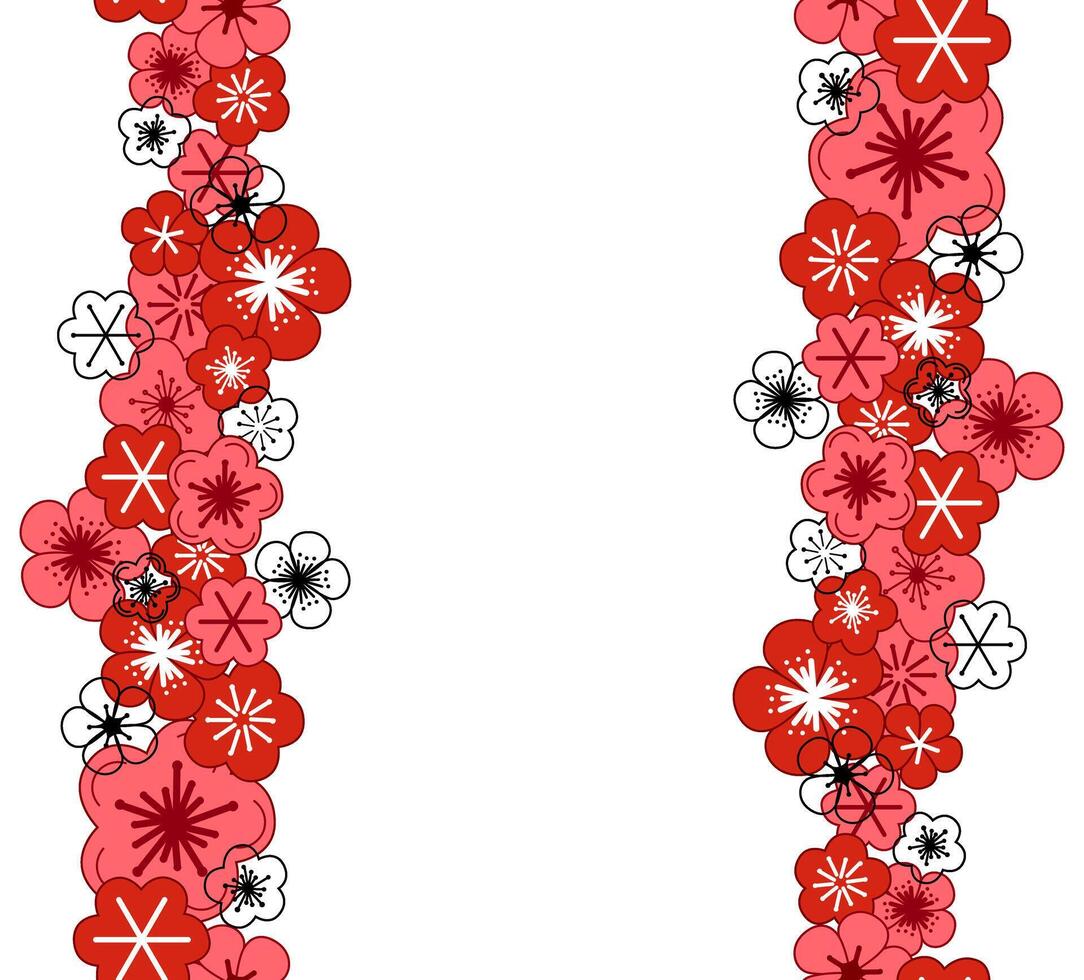 Blossoming sakura, cherry or apple buds and flowers seamless vertical border, pattern. Spring blossoms, springtime graphic clipart. Hand drawn isolated illustration on white background vector