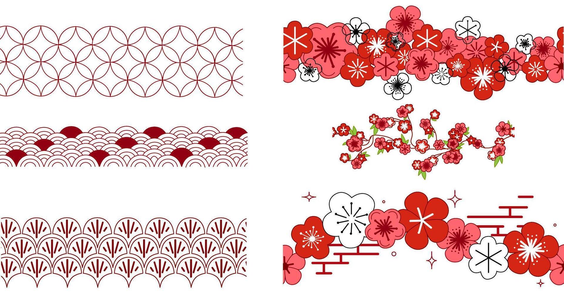 illustration seamless borders of Korean chinese traditional elements pattern. Graphic set on transparent background vector