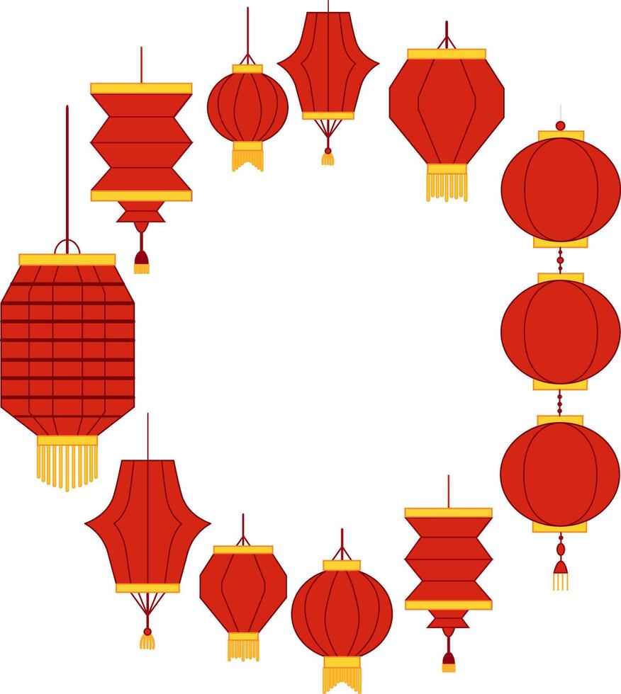 Paper red lanterns round circle frame template. graphic illustration for icon, vip card, certificate, gift voucher. Chinese new year vector