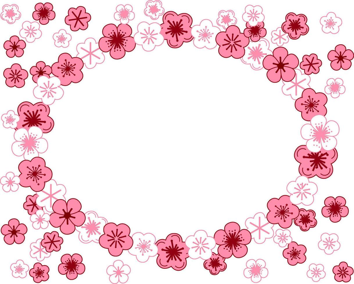 Hand drawn graphic style oval frame illustration of cherry blossoms sakura pink flowers. oval frame template for your text vector
