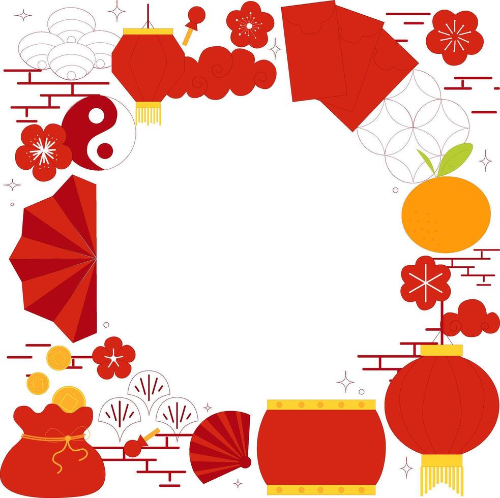 Chinese New Year's round circle frame template in square. graphic illustration with traditional elements on transparent background vector