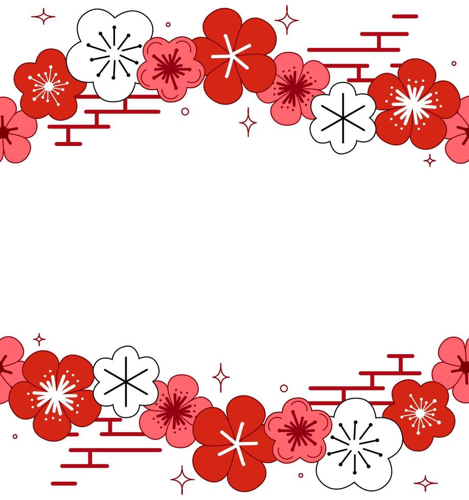 Seamless border frame made with pink and red flowers on white transparent background. graphic Plum blossom is a symbol for spring. Floral decoration for Chinese New Year. vector