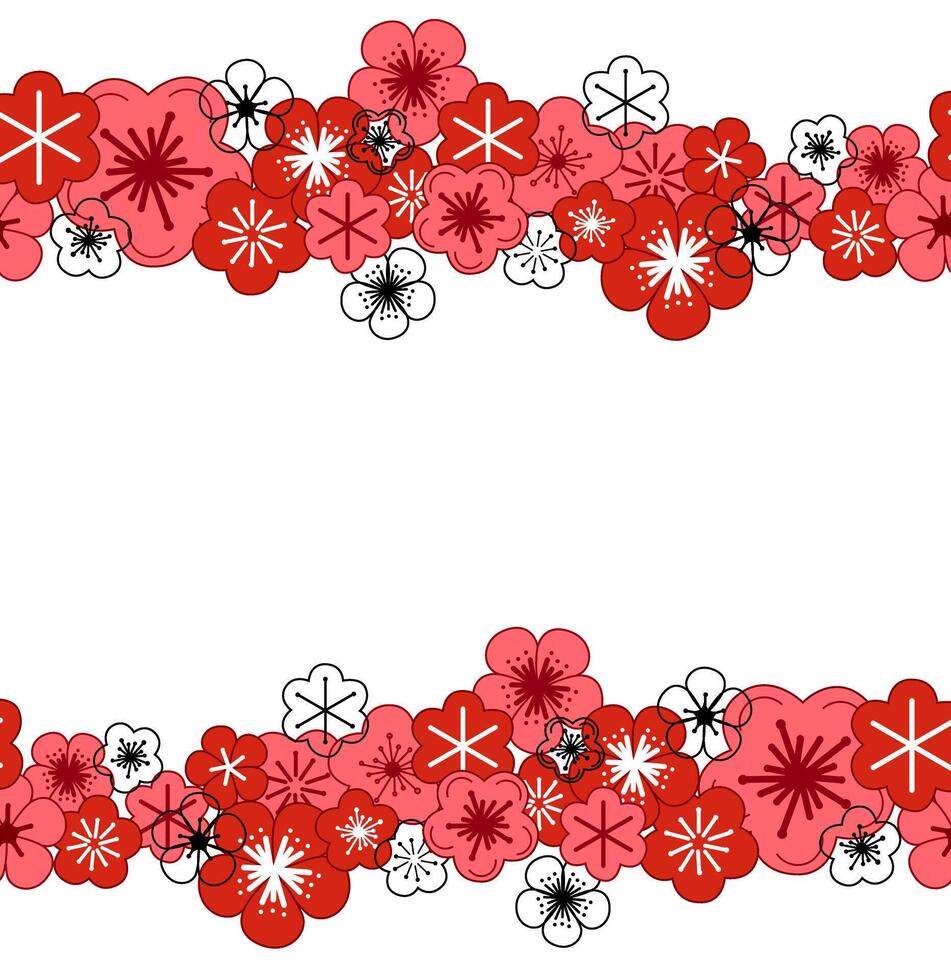 Floral summer horizontal pattern border seamless with pink and res graphic flowers. isolated illustration border, meadow or floral background for your design. vector