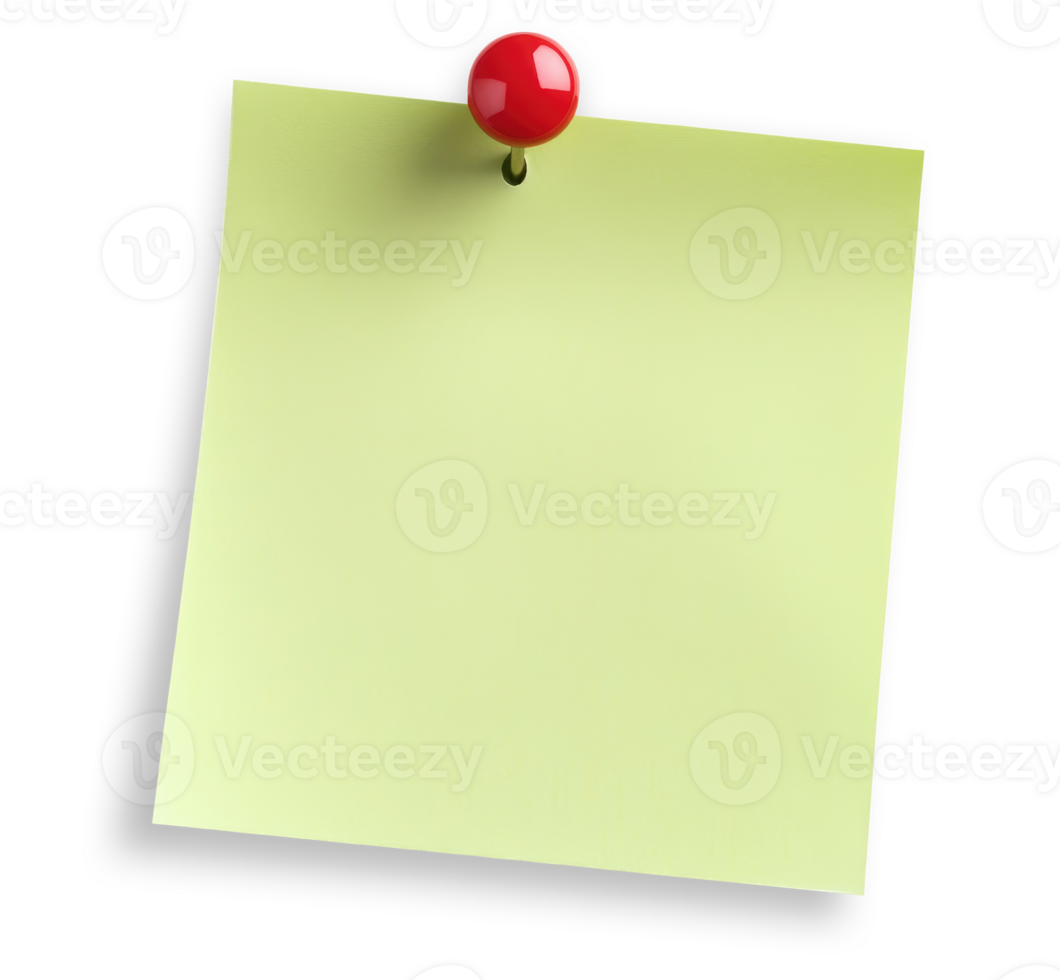 Blank green paper note with push pin isolated on transparent background png