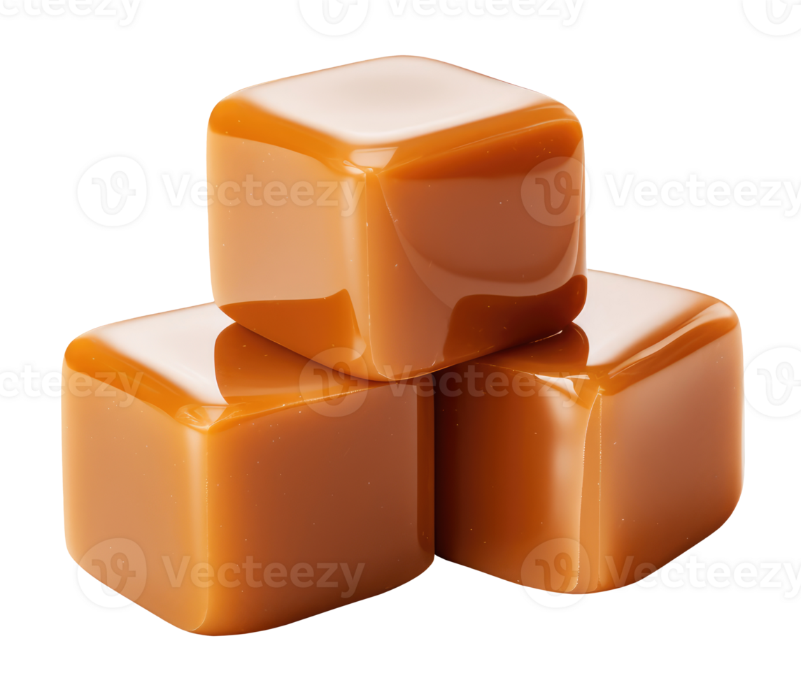 Three caramel cubes isolated on transparent background png