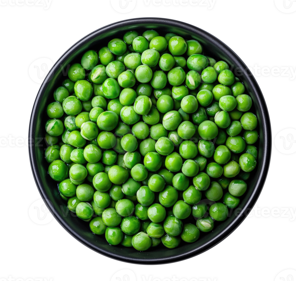 Black bowl with green peas isolated on transparent background, top view png