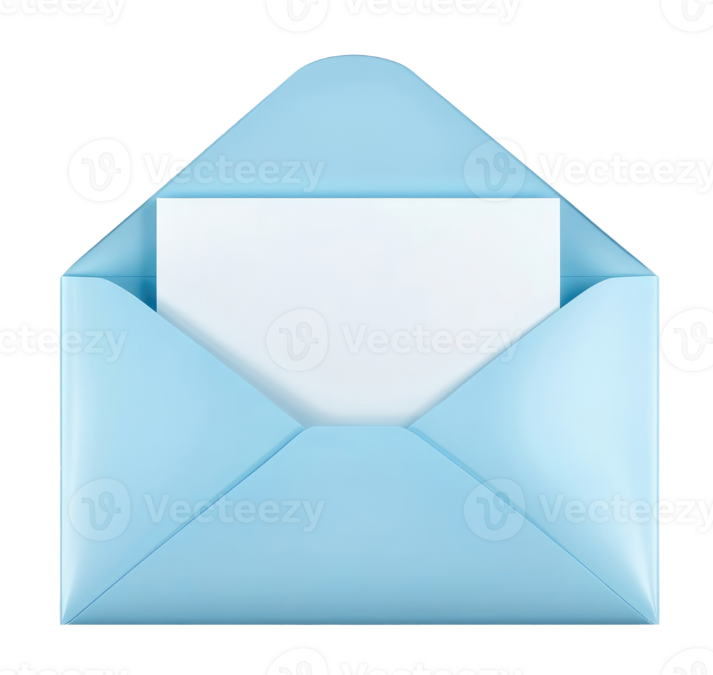 Illustration of an open blue envelope with blank white paper isolated on transparent background png
