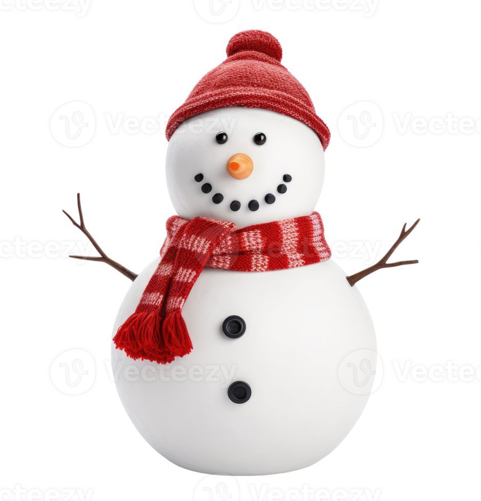 Snowman with red hat and scarf isolated on transparent background png