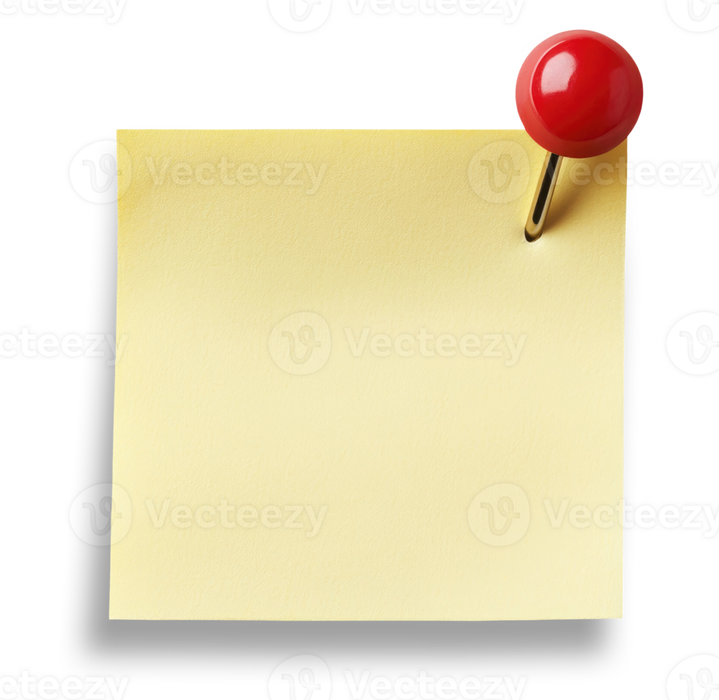 Blank yellow sticky paper note with push pin isolated on transparent background png
