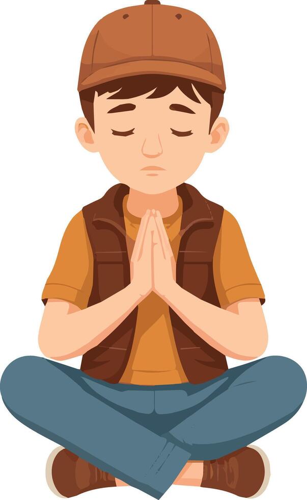 A cartoon illustration of a boy sitting in a meditative pose, hands clasped in prayer. vector