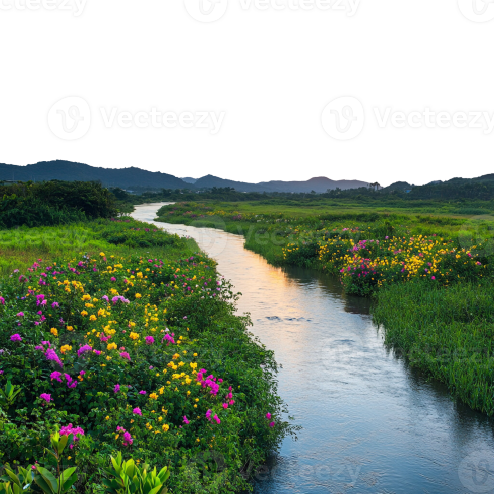 Set of vibrant colors of blooming flowers and lush under dramatic clouds and soft diffused light png