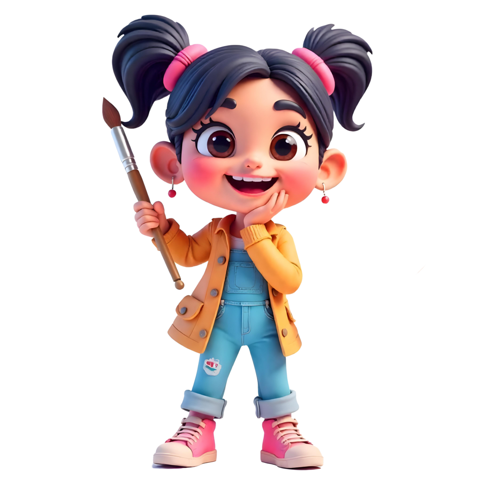 A cartoon girl holding a paintbrush png