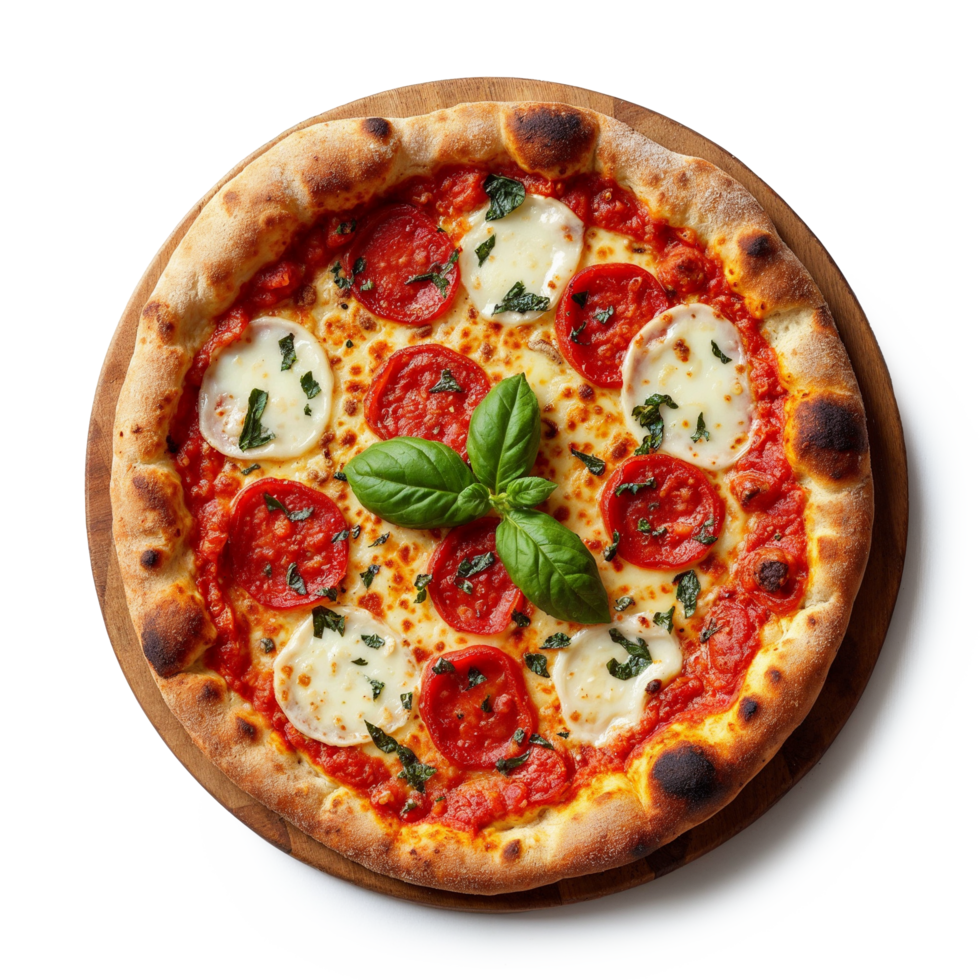 A pizza with cheese and tomatoes on a wooden plate png
