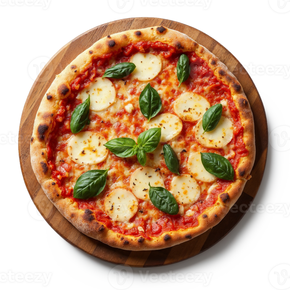 A pizza with cheese and basil leaves on top png