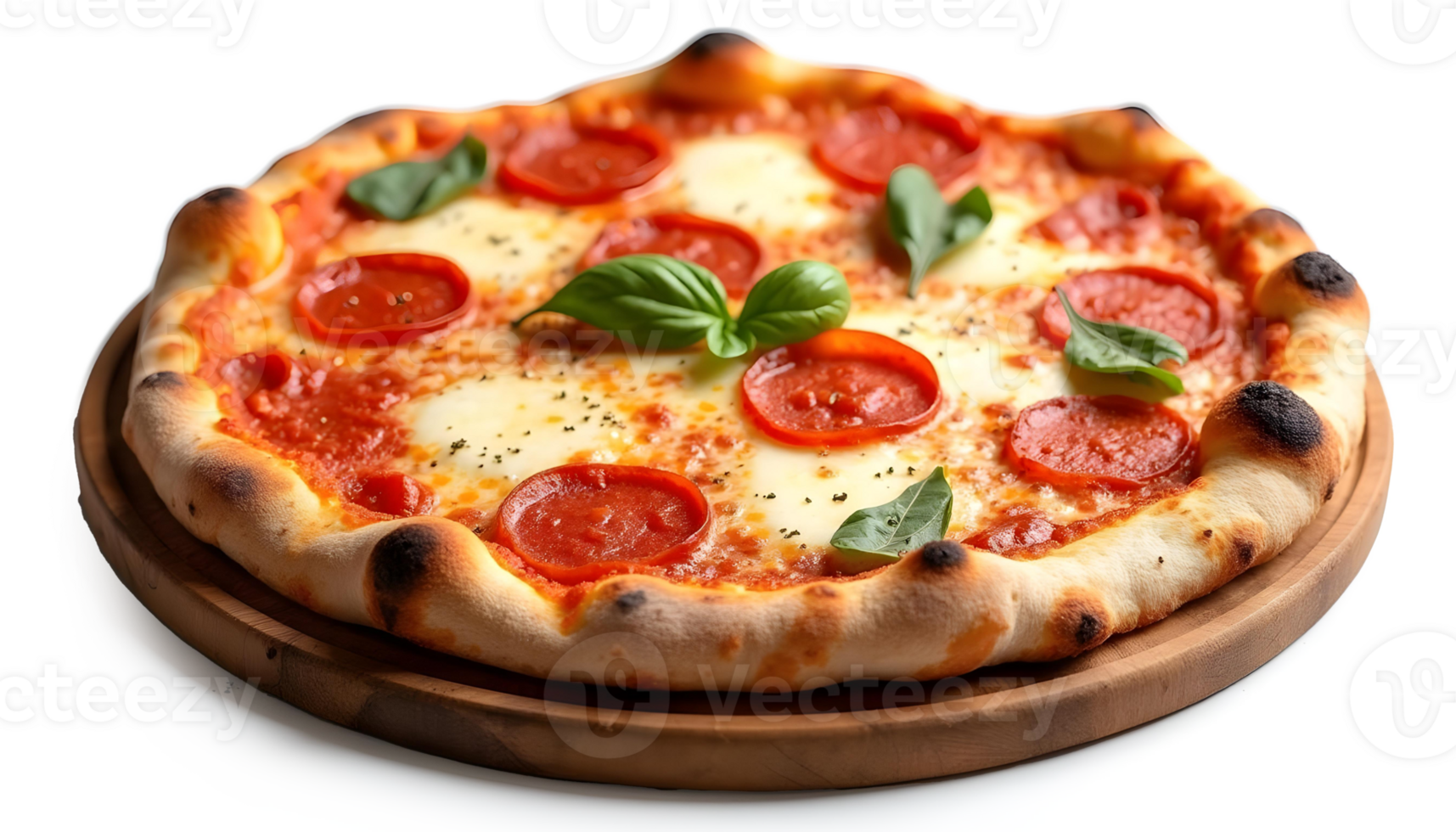 A pizza on a wooden plate with basil leaves png