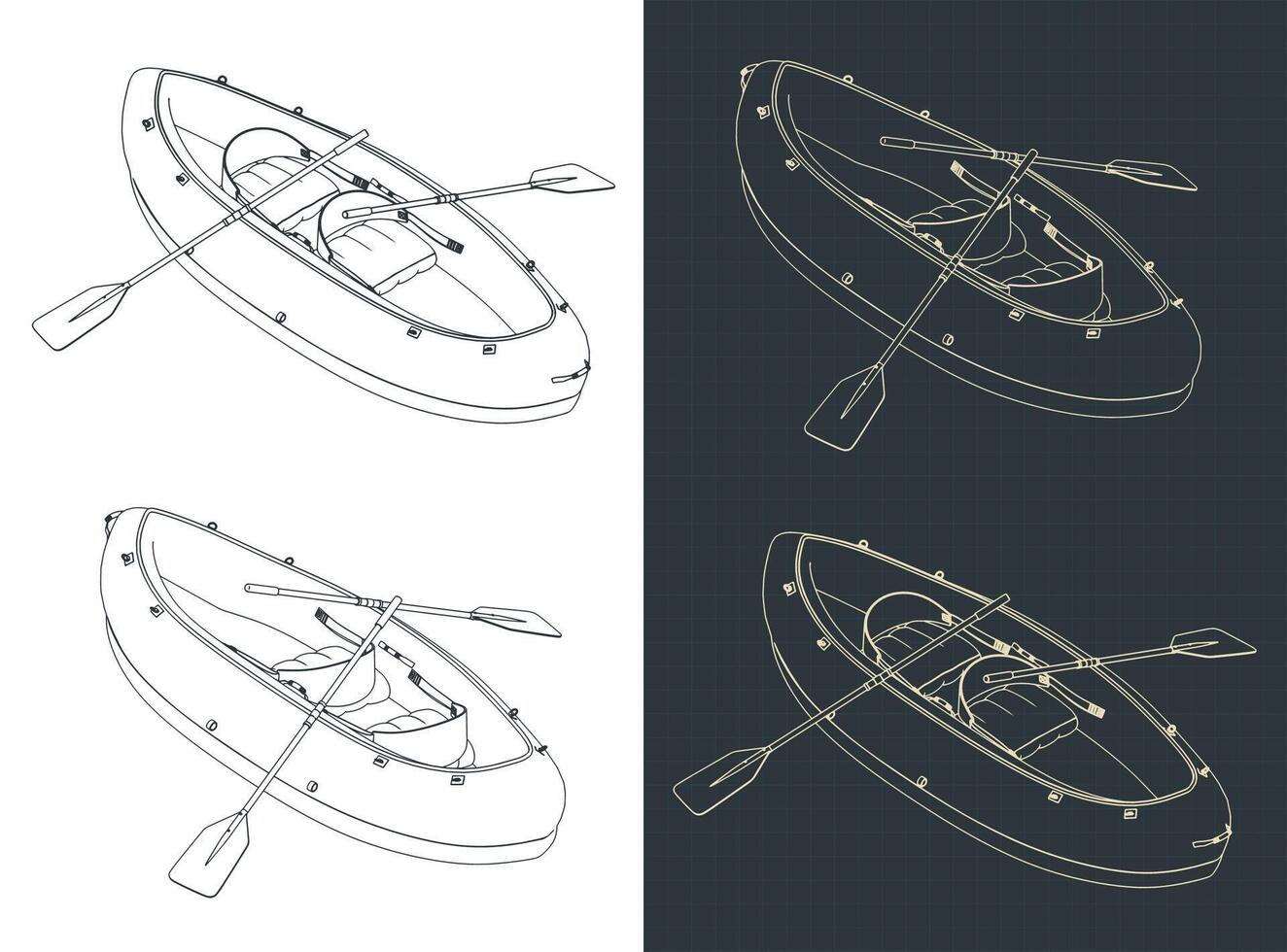 Inflatable kayak boat isometric blueprints vector
