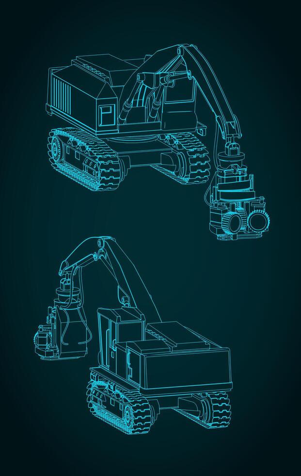 Crawler forestry harvester blueprints vector