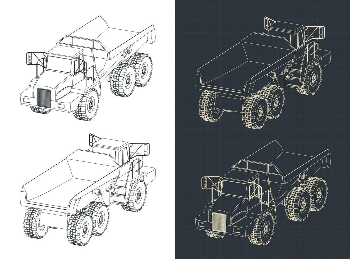 Mining dump truck isometric blueprints vector