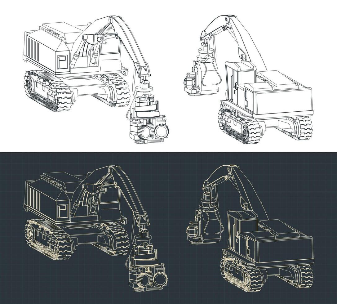 Crawler forestry harvester isometric blueprints vector