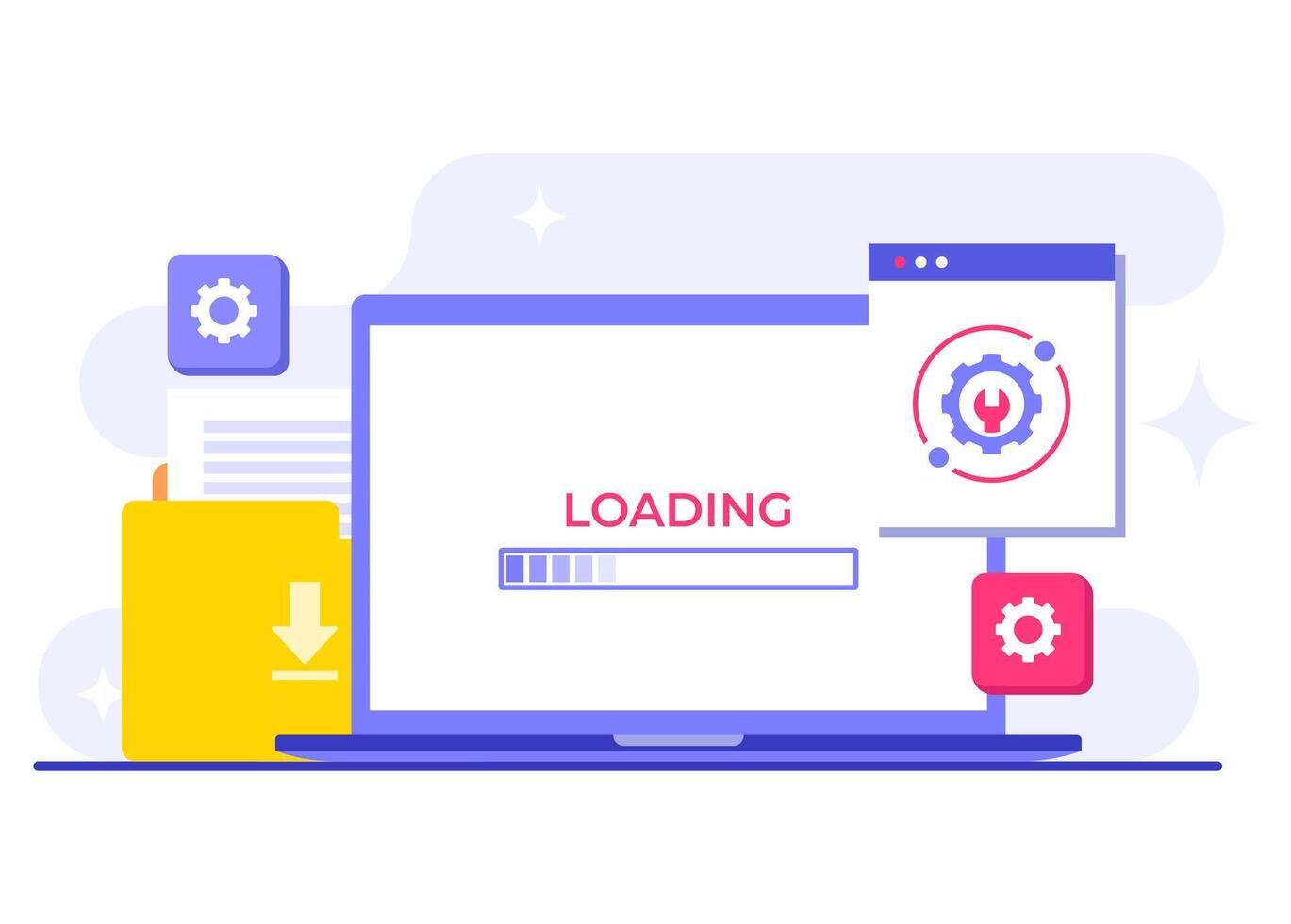 Page loading on laptop screen, System maintenance flat illustration, Error, Fixing trouble, Device updating, Software system under maintenance, Software upgrade process on devices, vector