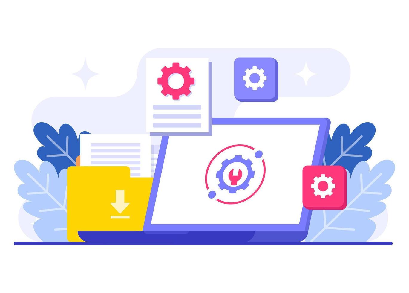 System maintenance, Error, Fixing trouble, Device updating, Software system under maintenance, Software upgrade process on laptop screen flat illustration vector