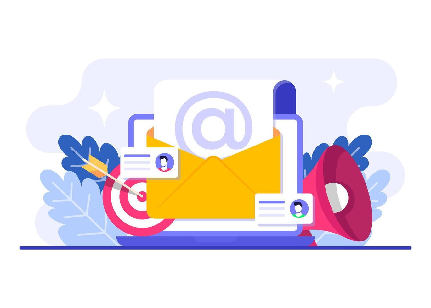Reaching the desired audience through email marketing flat illustration concept, Online business strategy, Advertising, Email newsletter, messaging vector