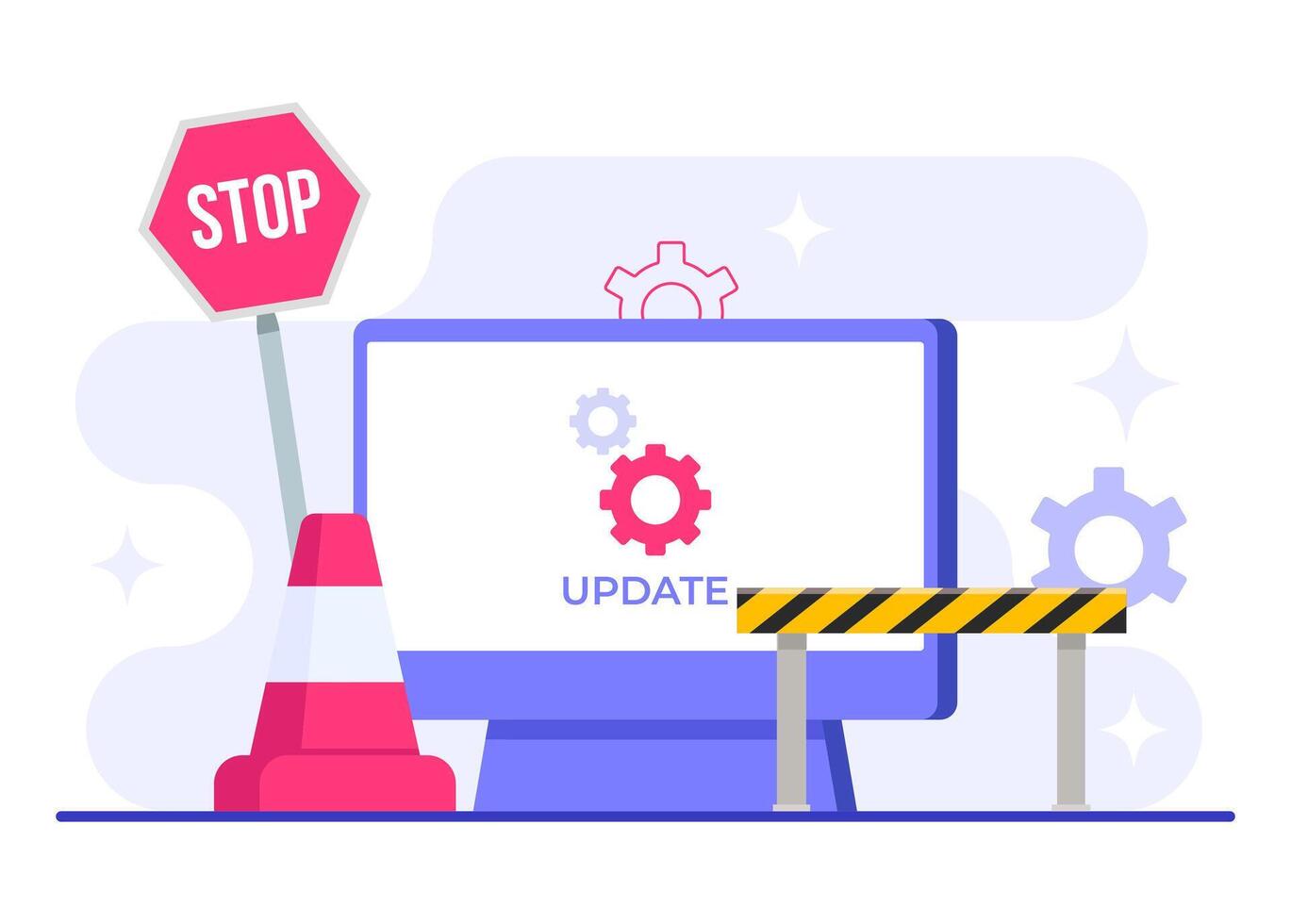 The system is undergoing updates and maintenance, Computer with software update screen flat illustration, System maintenance, update process, install software, operating system vector