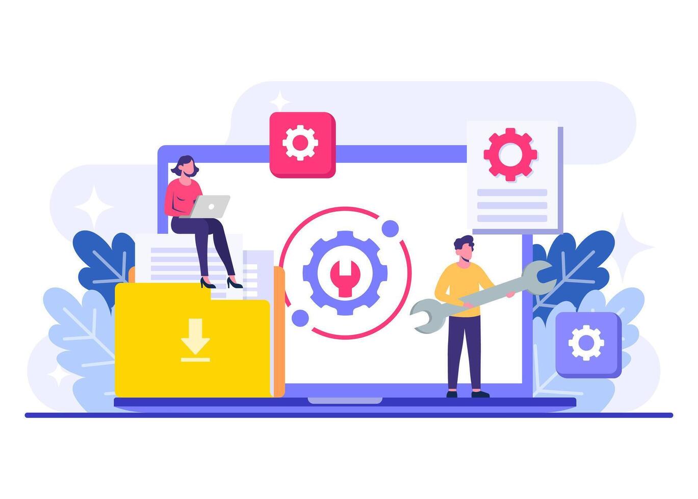 Peole keep their devices updated for optimal use flat illustration, System maintenance, Error, Fixing trouble, Software system under maintenance, Software upgrade process on devices vector