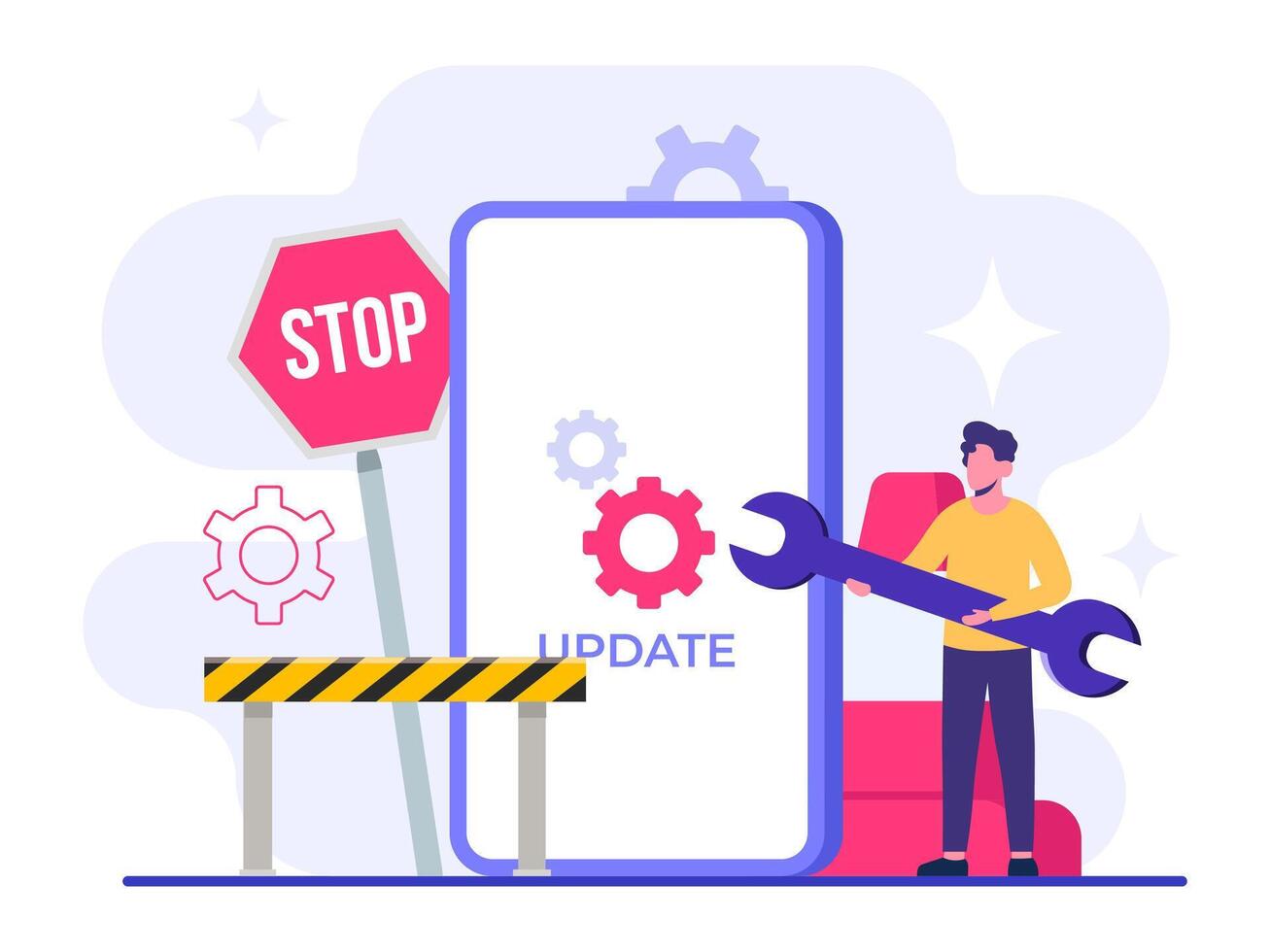 Smartphone with software or mobile app update screen flat illustration, System maintenance, update process, install software, operating system vector